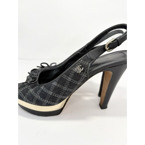 Chanel Black Checkered Embroidered Canvas Peep Toe Platform Slingbacks Sz EU 35C - Picture 7 of 16